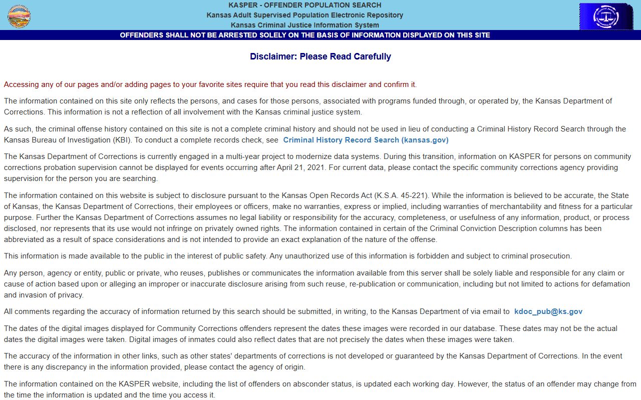 Ness County inmate records KASPER offender search disclaimer