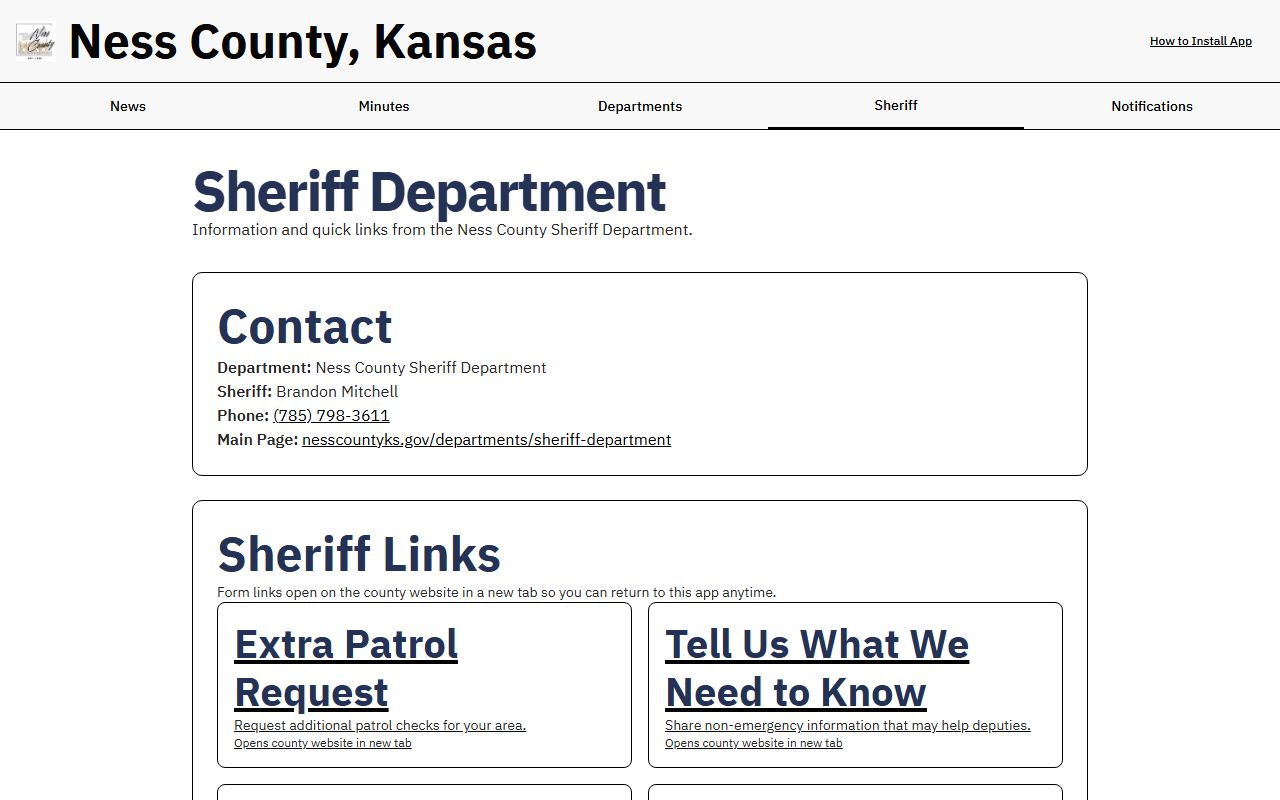 Ness County inmate records sheriff web app page