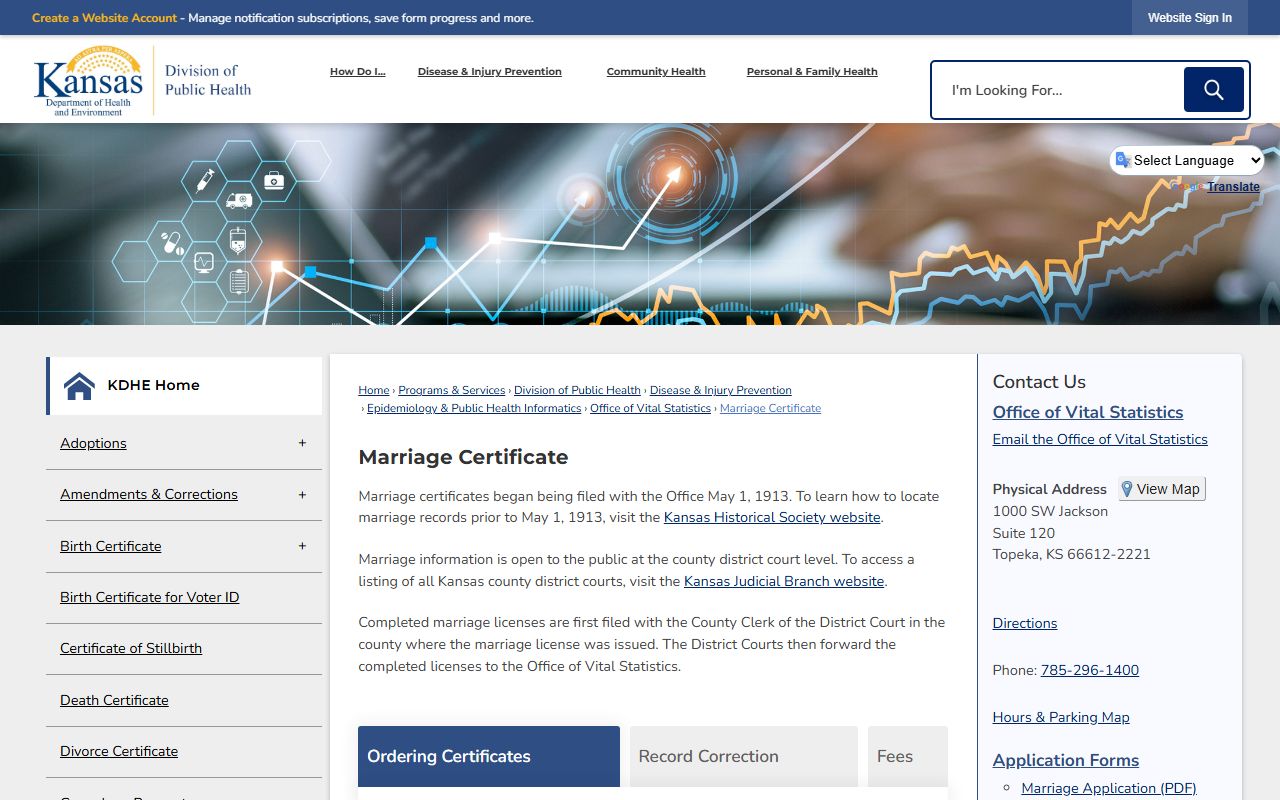 Ness County marriage records KDHE marriage certificate request page